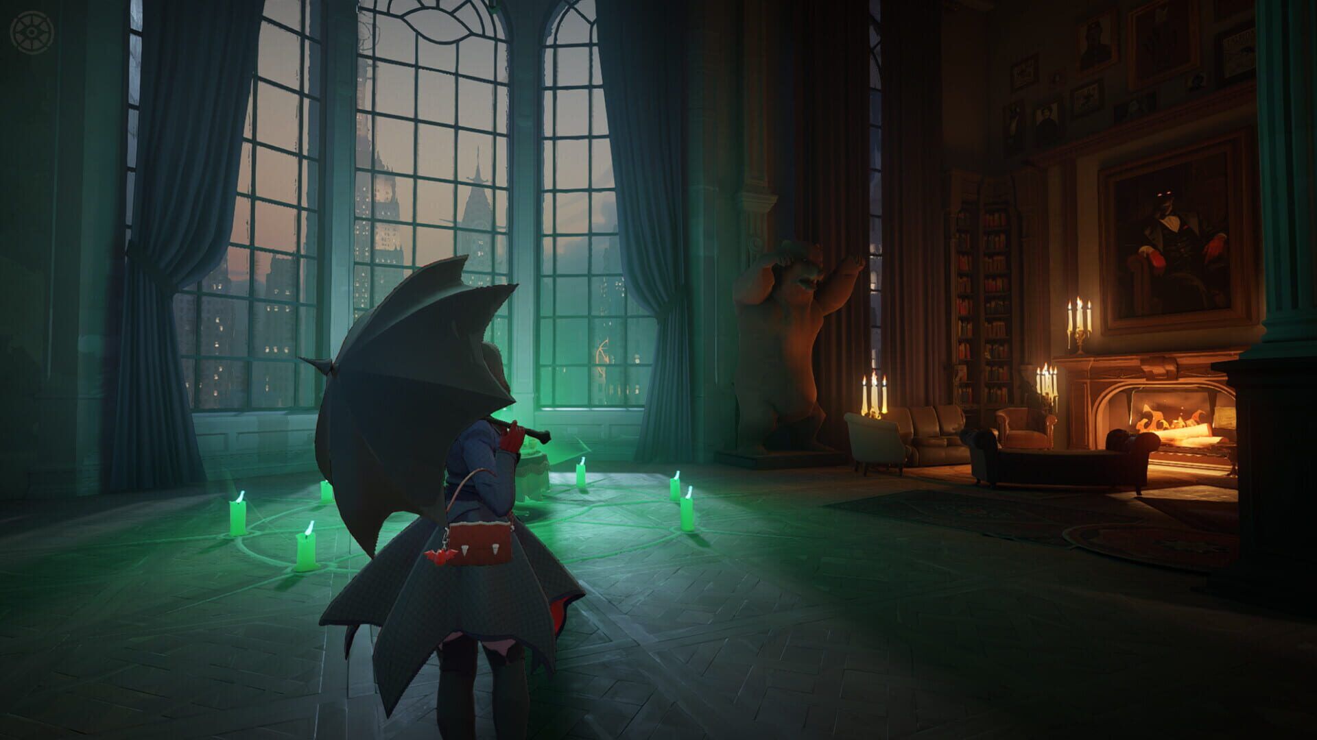 A Deadlock hero with a large umbrella stands in a gothic library lit by green candles