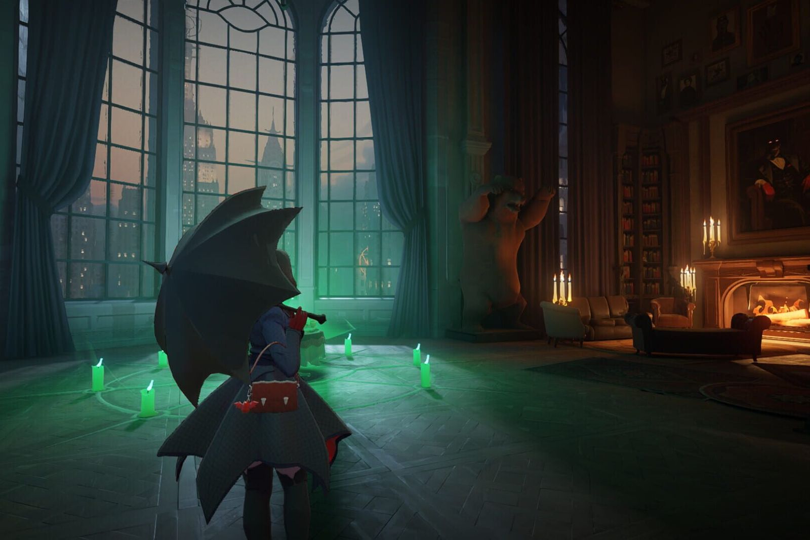 A Deadlock hero with a large umbrella stands in a gothic library lit by green candles