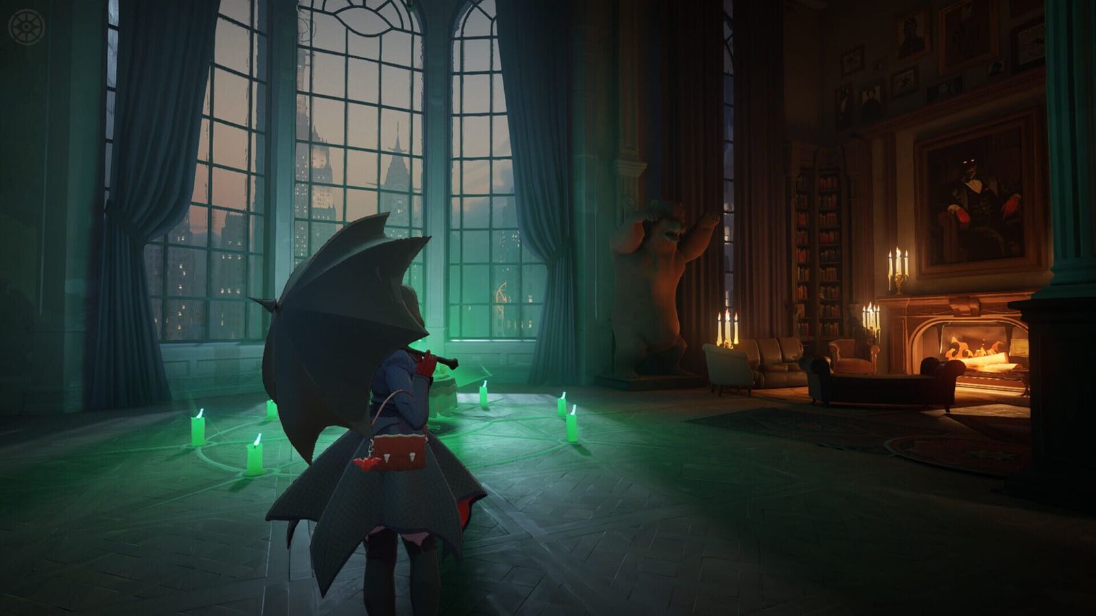 A Deadlock hero with a large umbrella stands in a gothic library lit by green candles