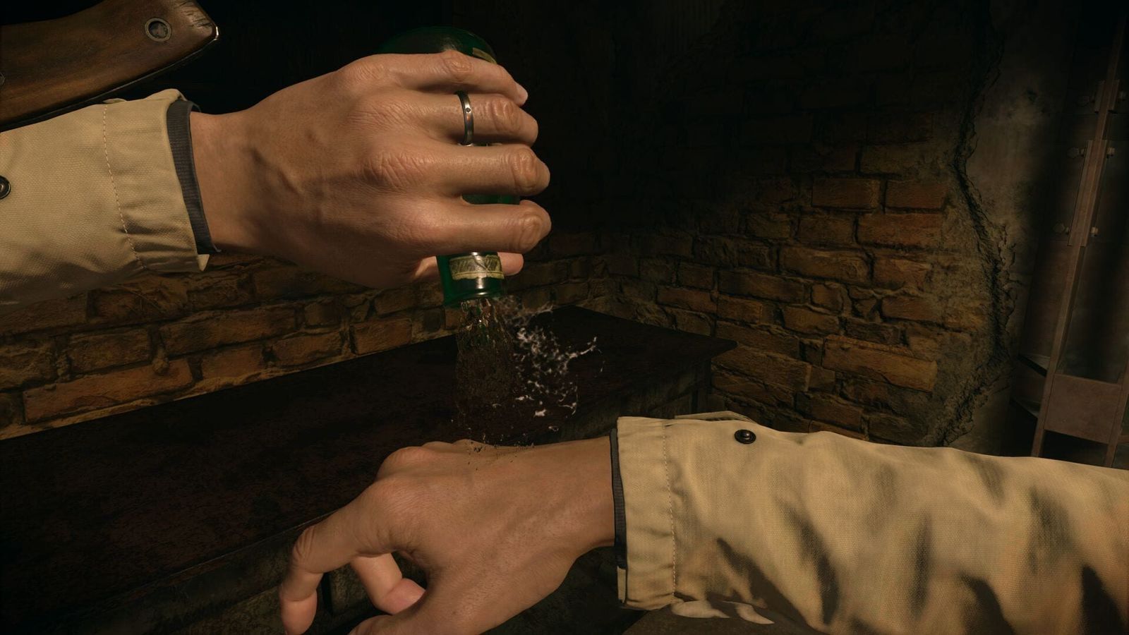 Two hands tipping a healing bottle over an open palm in VR Mode