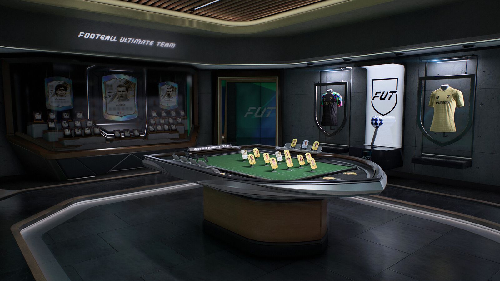A dark trophy room with a football pitch table, framed player cards on the walls and a shirt in a display case
