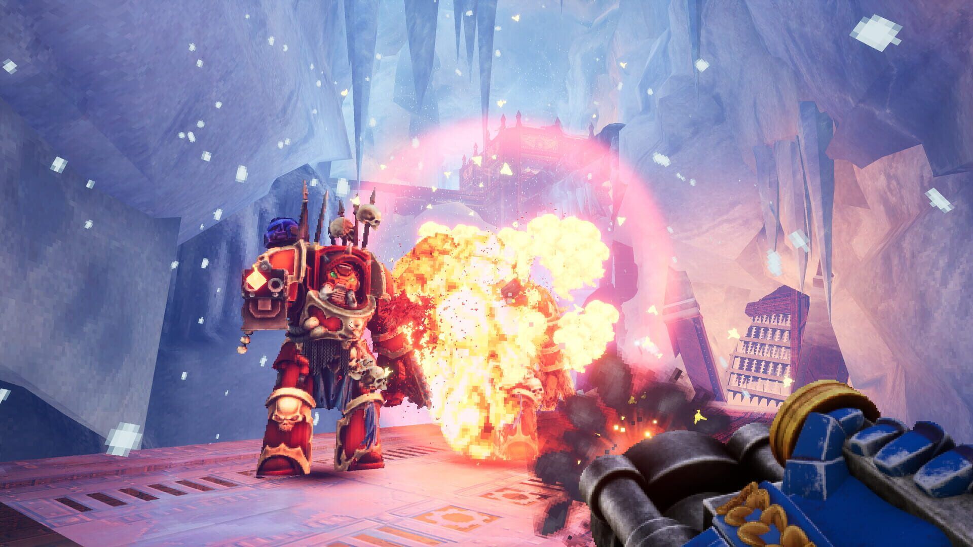 A red-armoured Chaos Space Marine caught in an explosion in an icy corridor, seen past a gun barrel