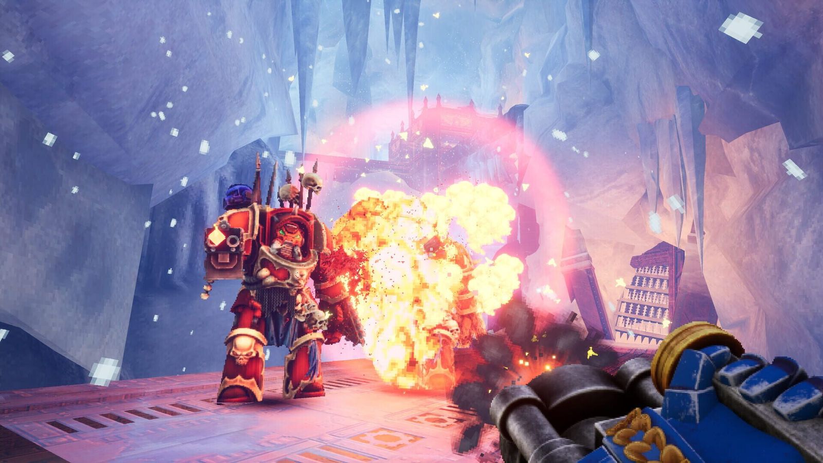 A red-armoured Chaos Space Marine caught in an explosion in an icy corridor, seen past a gun barrel