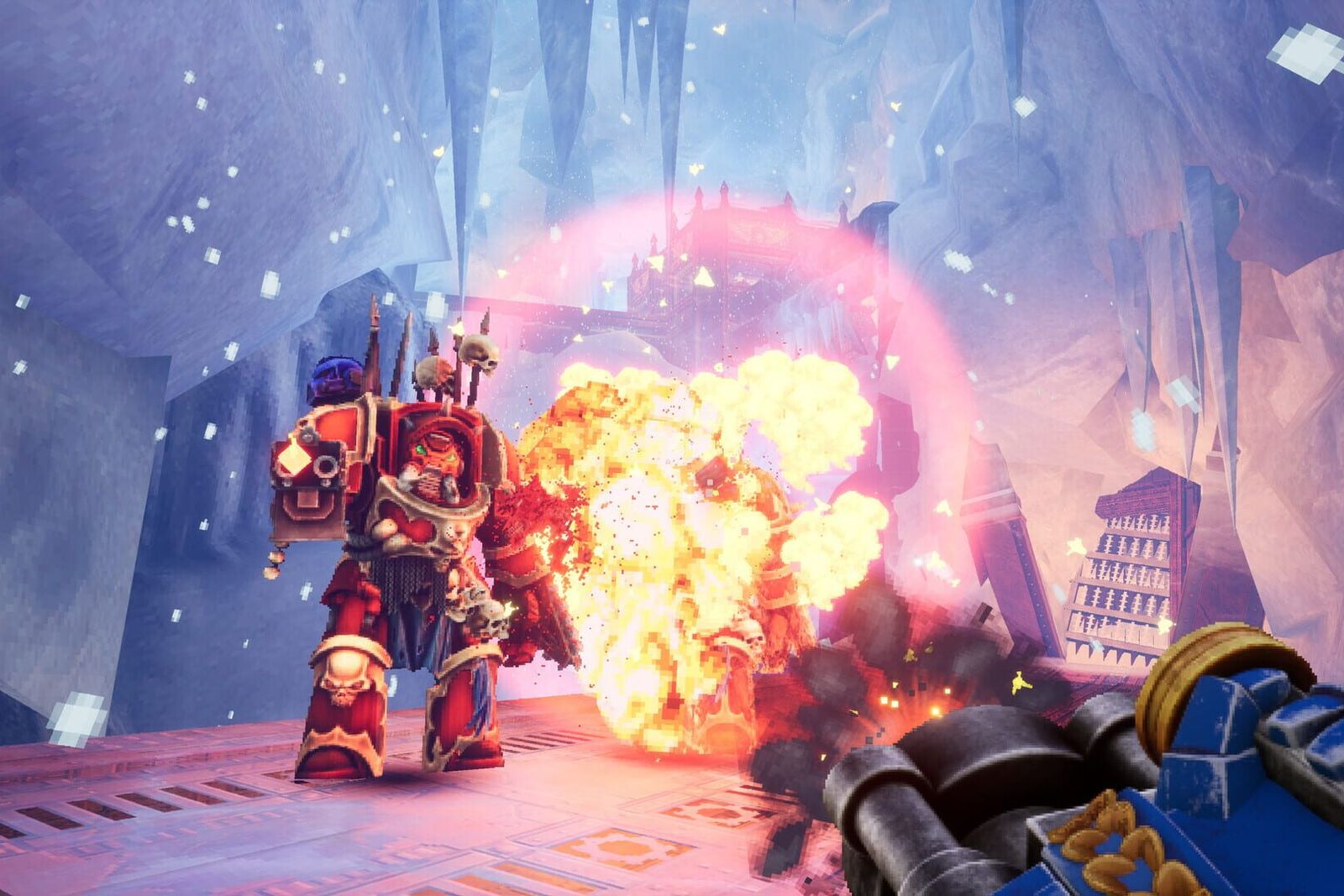 A red-armoured Chaos Space Marine caught in an explosion in an icy corridor, seen past a gun barrel