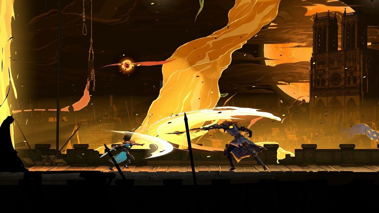 Two silhouetted fighters clash with glowing blades in front of a burning gothic city