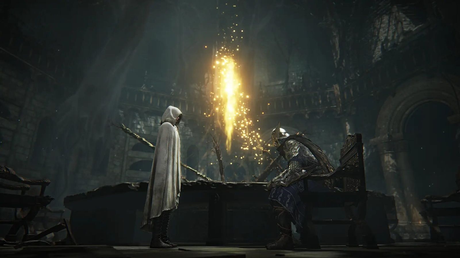A Nightfarer meets the Priestess across a table in the Roundtable Hold in Elden Ring Nightreign
