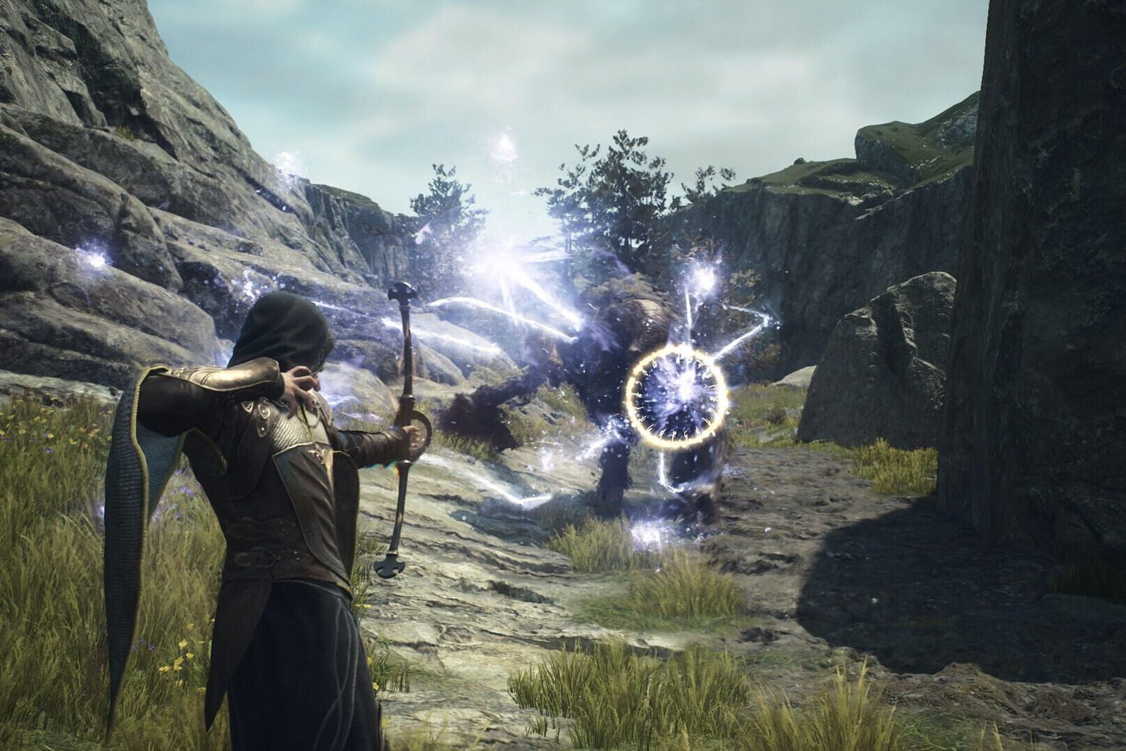 A hooded archer draws a glowing magick bow while light bursts around a target on a grassy hillside