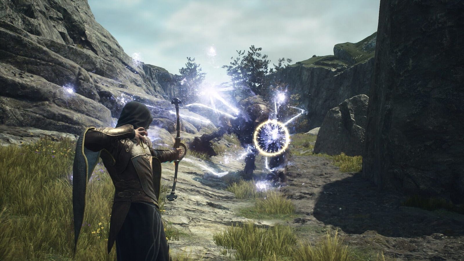 A hooded archer draws a glowing magick bow while light bursts around a target on a grassy hillside