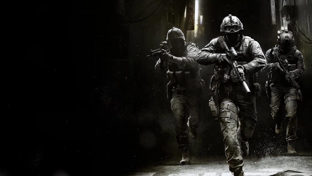 Three armed soldiers in tactical gear advancing down a dark, rain-soaked alley