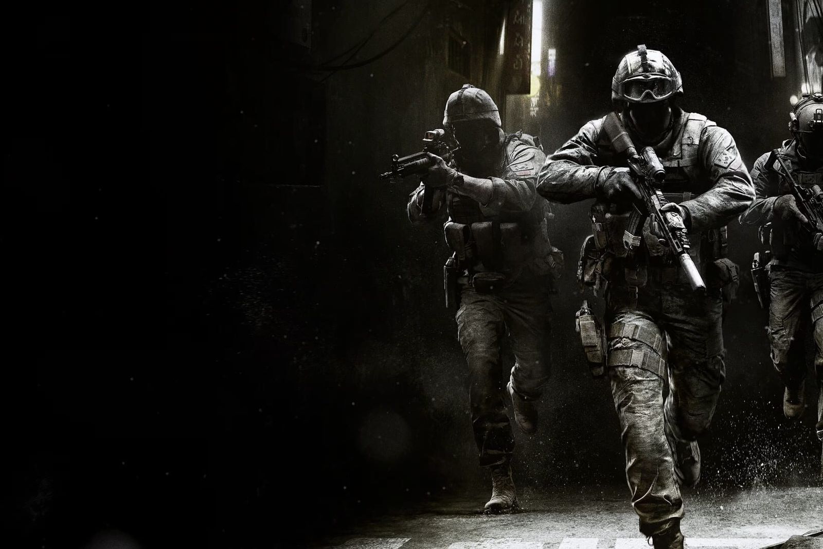 Three armed soldiers in tactical gear advancing down a dark, rain-soaked alley
