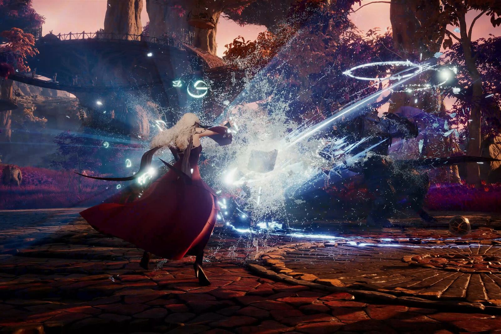 An AION 2 character in a red coat casting a blue spell at an enemy in a ruined courtyard