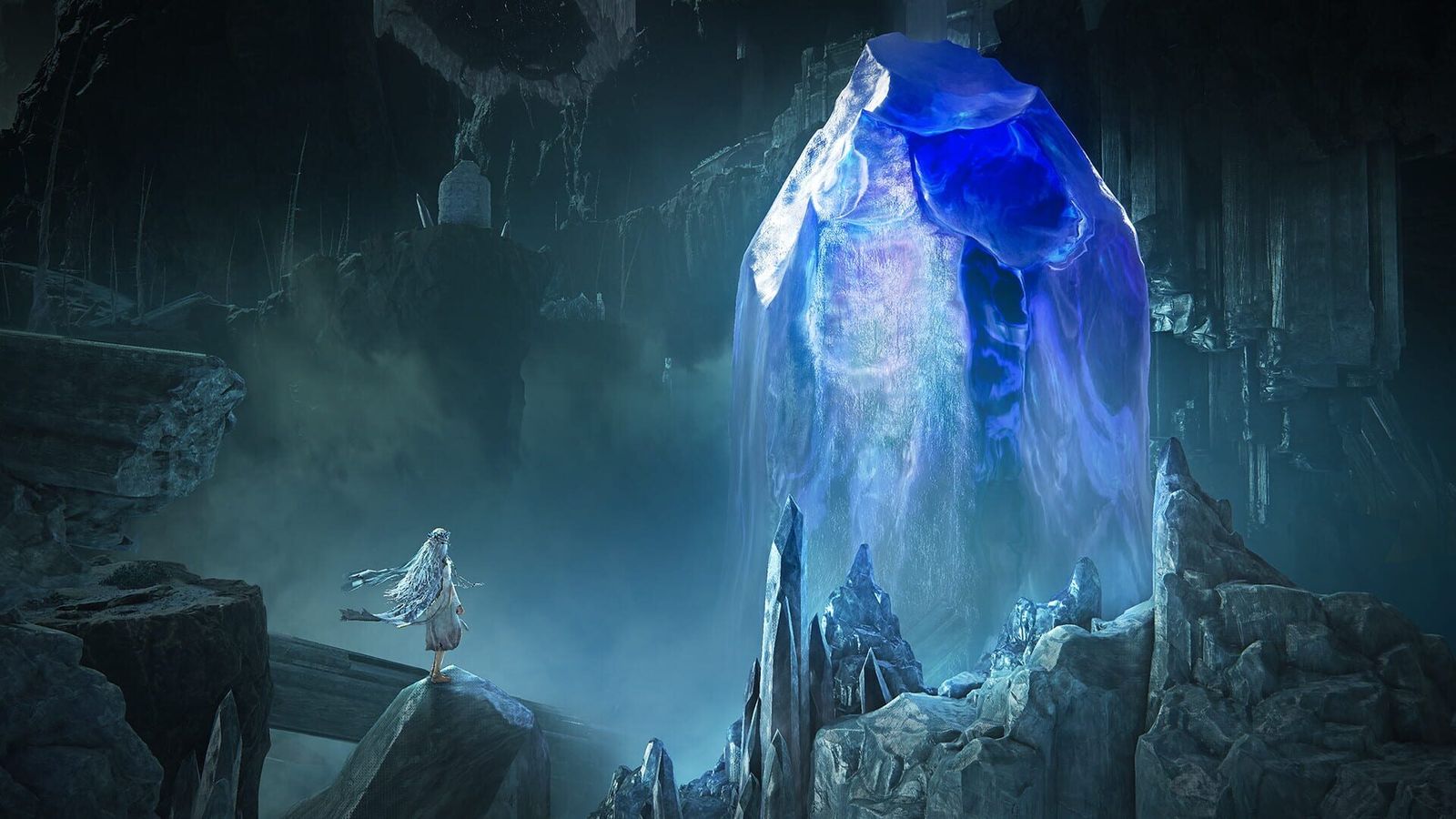 A Nightfarer faces a giant glowing blue crystal deep in the Great Hollow in Elden Ring Nightreign