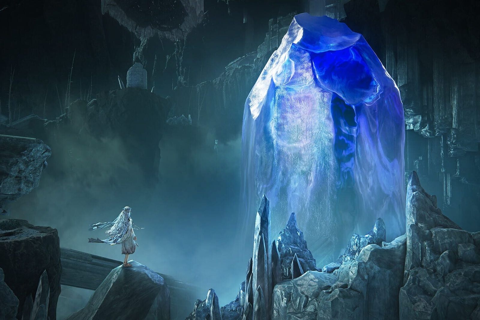 A Nightfarer faces a giant glowing blue crystal deep in the Great Hollow in Elden Ring Nightreign