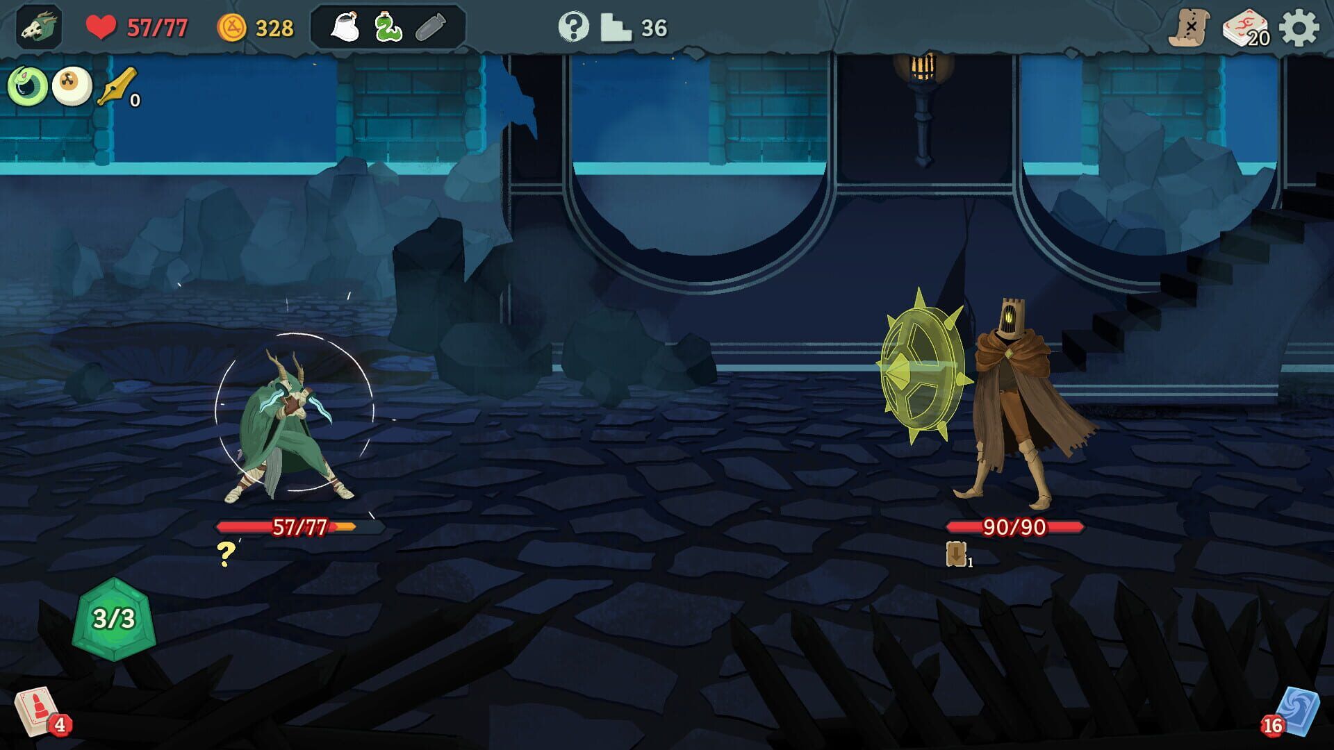The Silent faces a spiked enemy in a dark stone hall during a Slay the Spire 2 combat