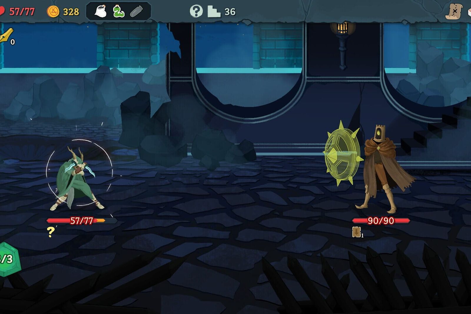 The Silent faces a spiked enemy in a dark stone hall during a Slay the Spire 2 combat