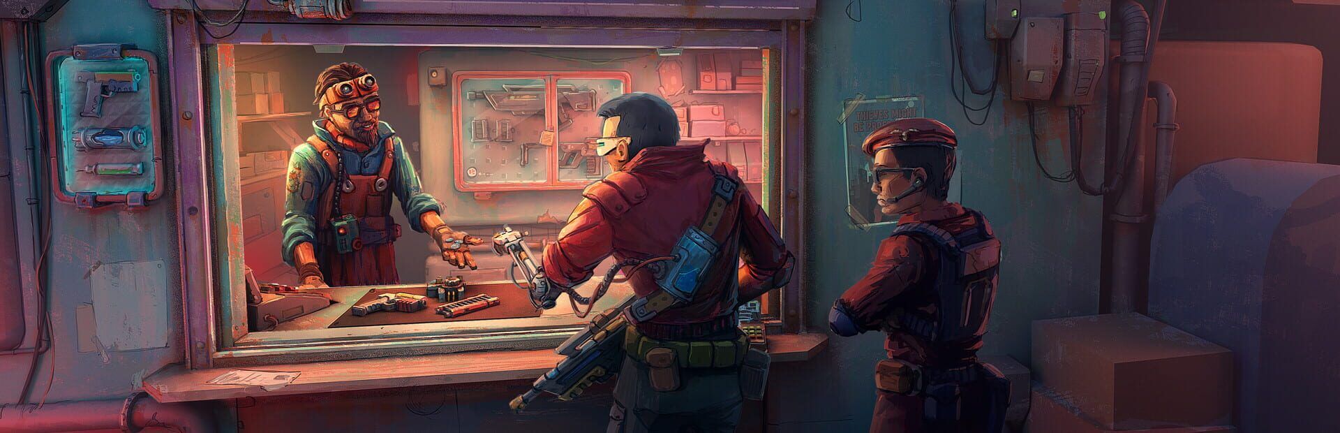 Wide Probably Stolen artwork of a shop counter window with an armed customer and a guard