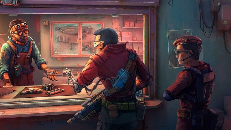 Wide Probably Stolen artwork of a shop counter window with an armed customer and a guard