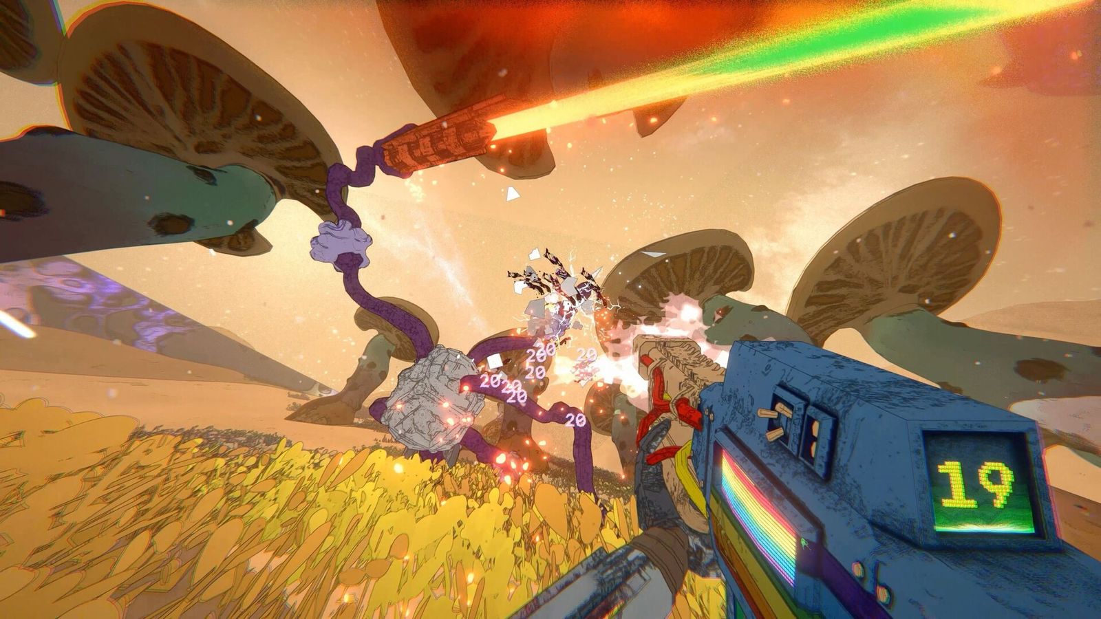 First-person view of a colourful gun firing at fungal alien creatures among giant mushrooms in Mycopunk