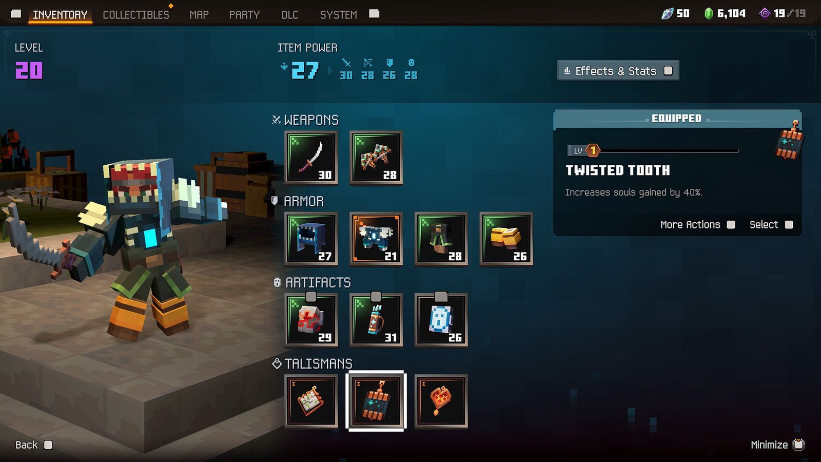 Minecraft Dungeons II inventory screen with two weapons, four armour pieces, three artifacts and three talismans equipped