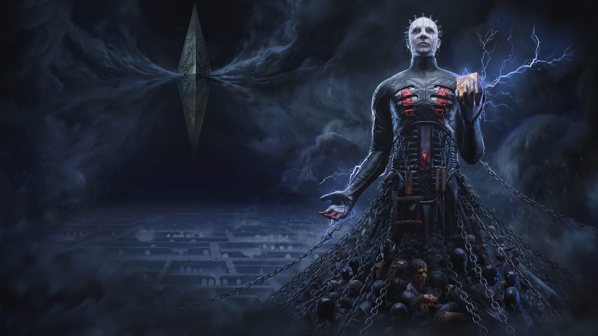 Pinhead floats above a stone labyrinth, wrapped in chains and crackling with blue lightning