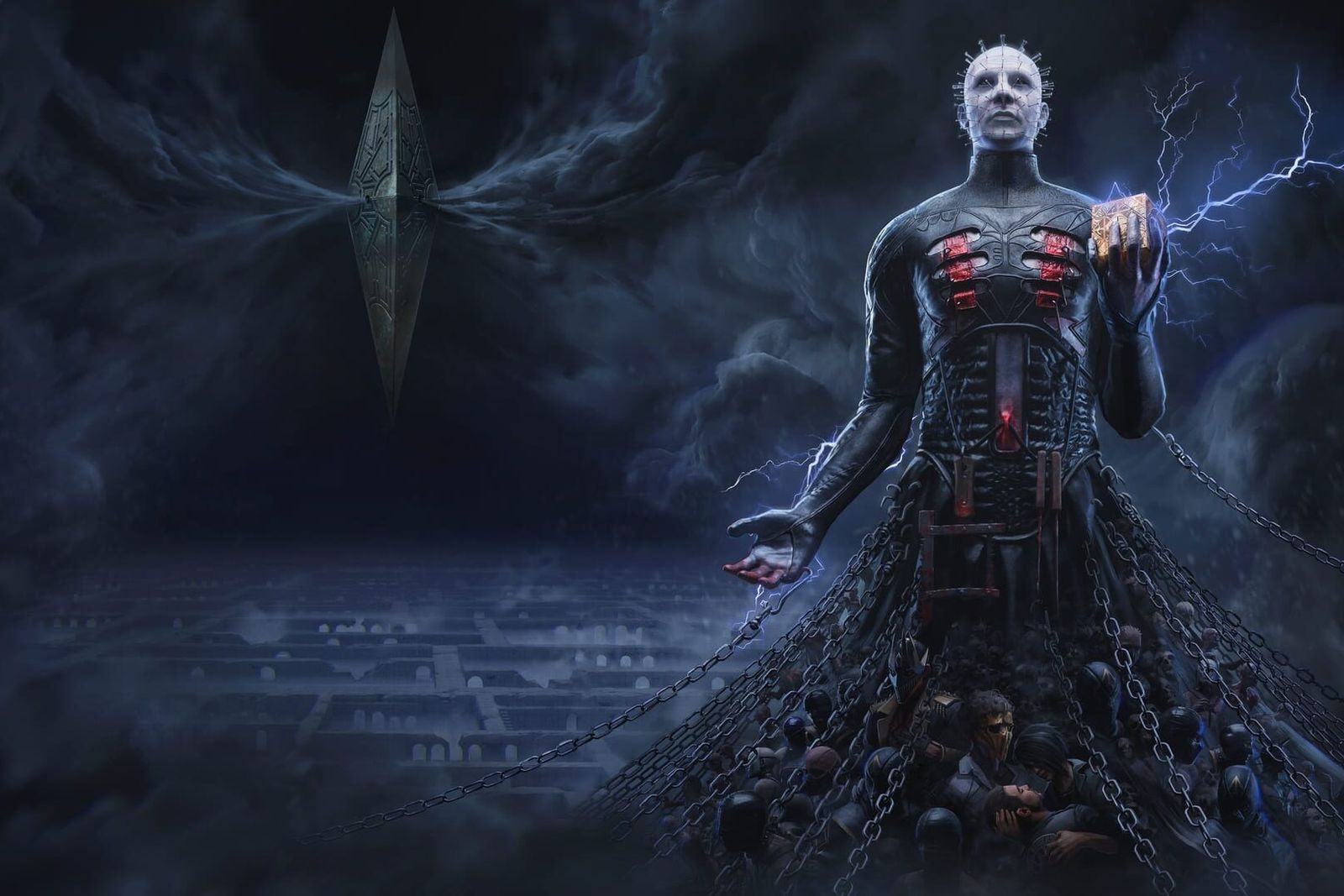 Pinhead floats above a stone labyrinth, wrapped in chains and crackling with blue lightning