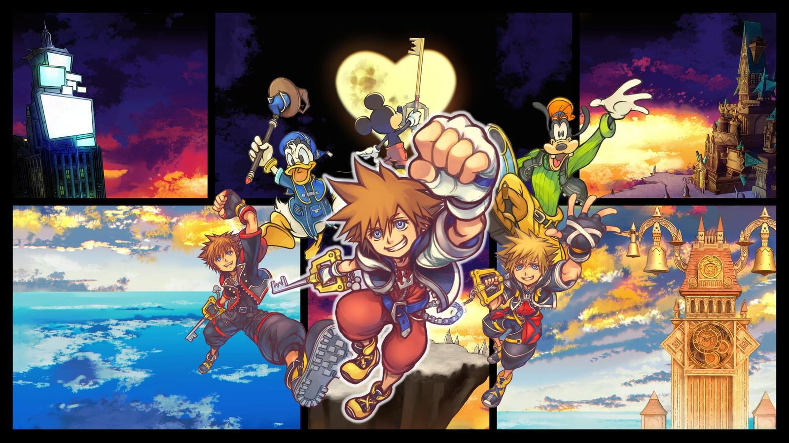 Collage key art of Sora, Donald, Goofy and other Kingdom Hearts characters across the series' worlds