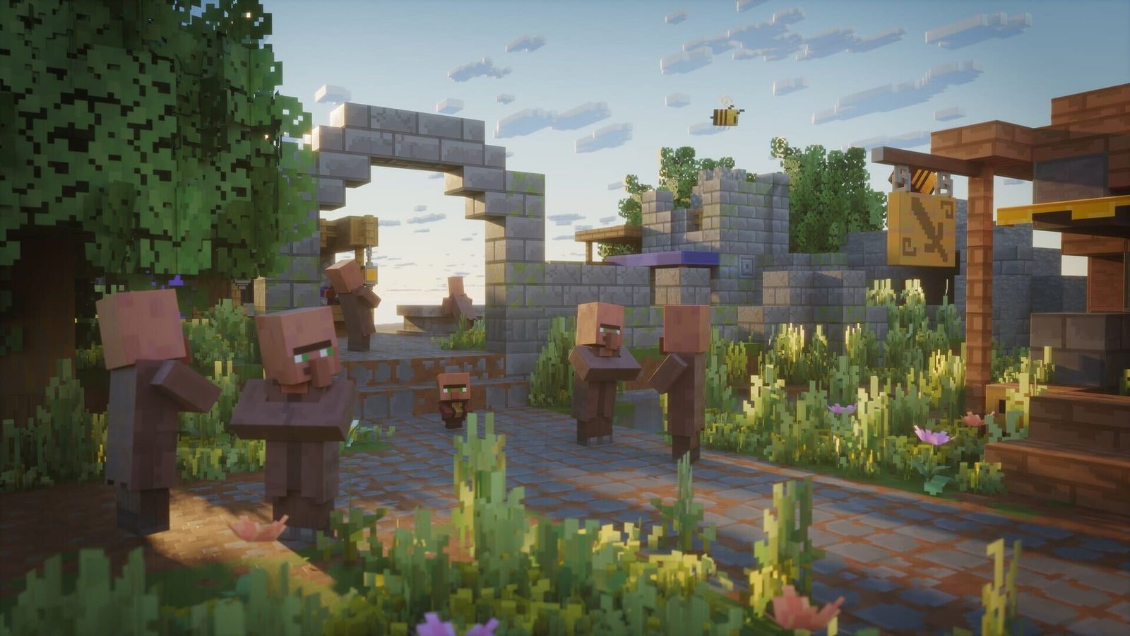 Villagers standing near a ruined stone archway in a sunlit Minecraft Dungeons II village