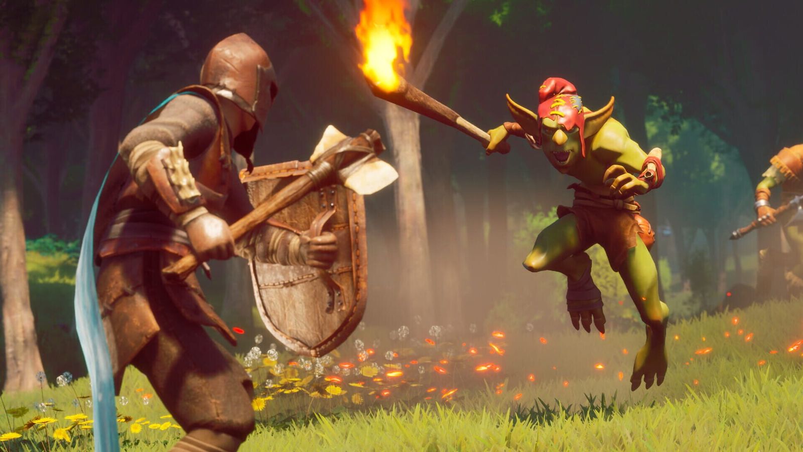 An armoured adventurer with a shield and axe facing a goblin carrying a burning torch in a sunny forest