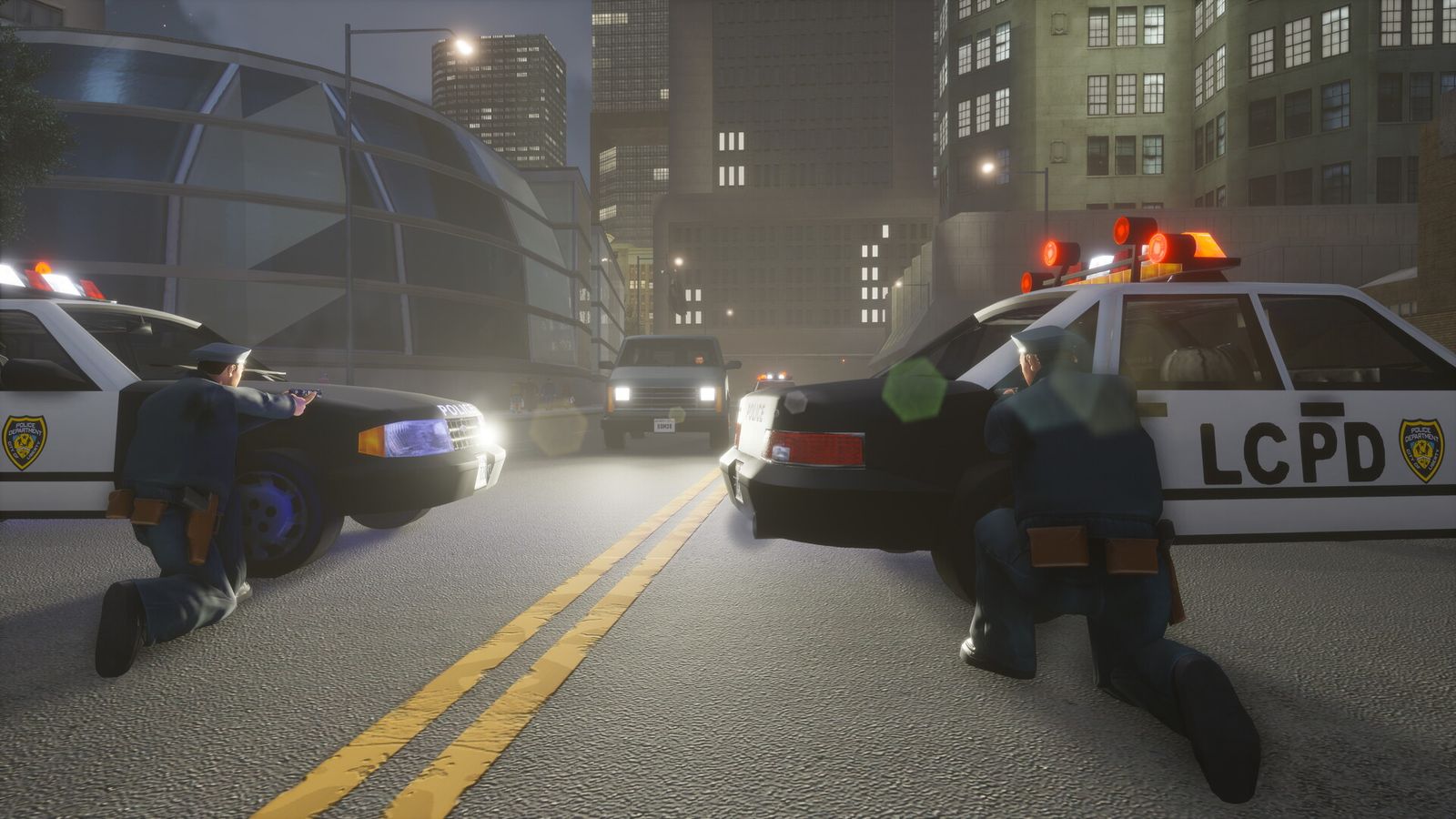 Two Liberty City police officers crouch behind patrol cars at a night-time roadblock in Grand Theft Auto III