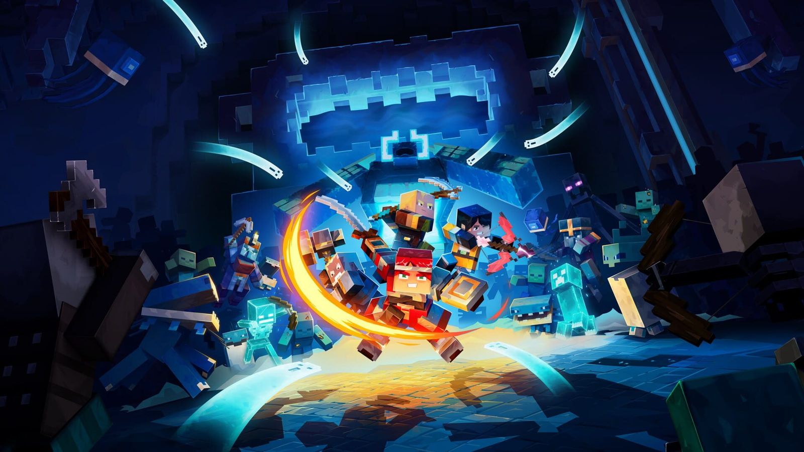 Minecraft Dungeons II key art of blocky heroes swinging weapons through a glowing blue portal full of mobs