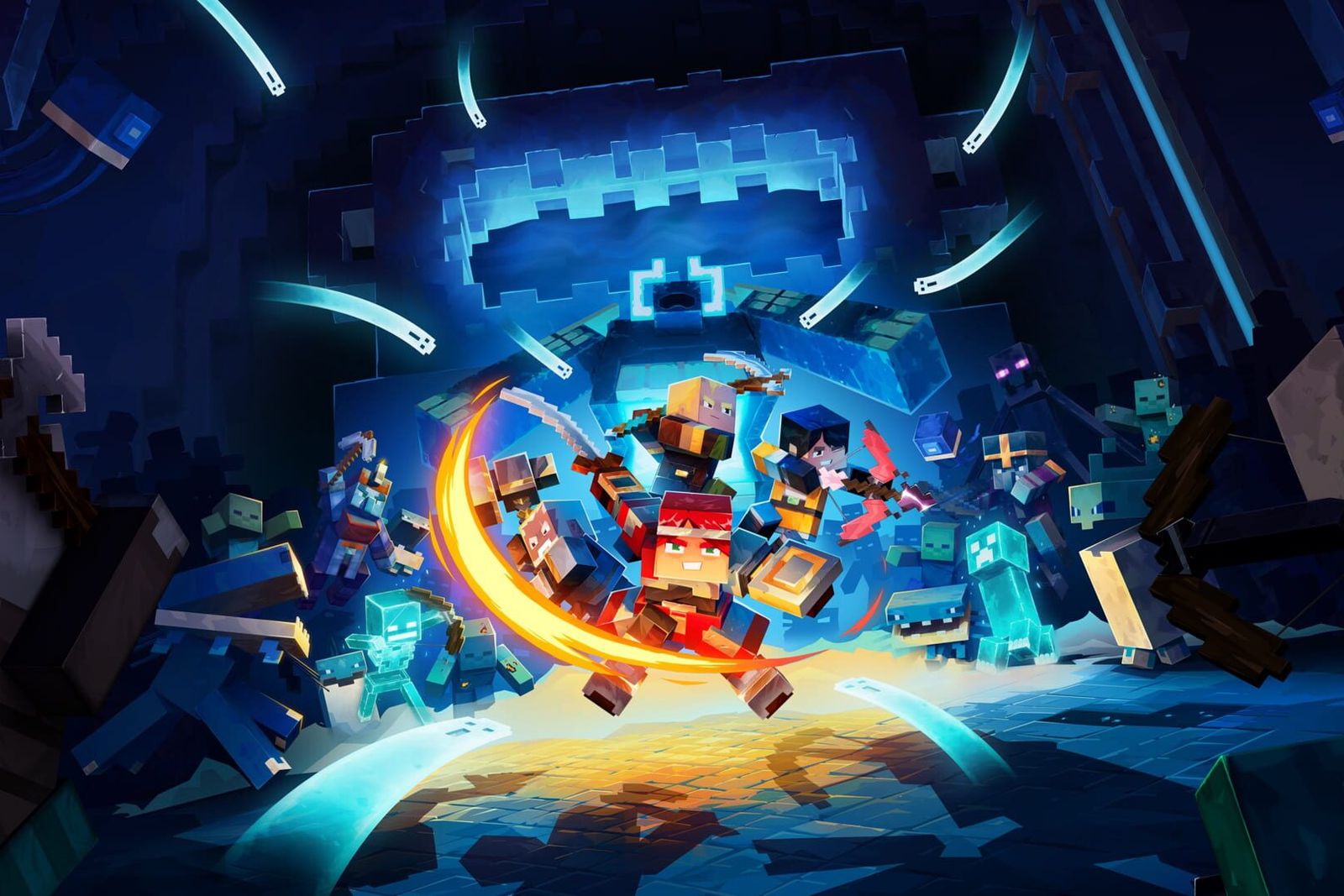 Minecraft Dungeons II key art of blocky heroes swinging weapons through a glowing blue portal full of mobs