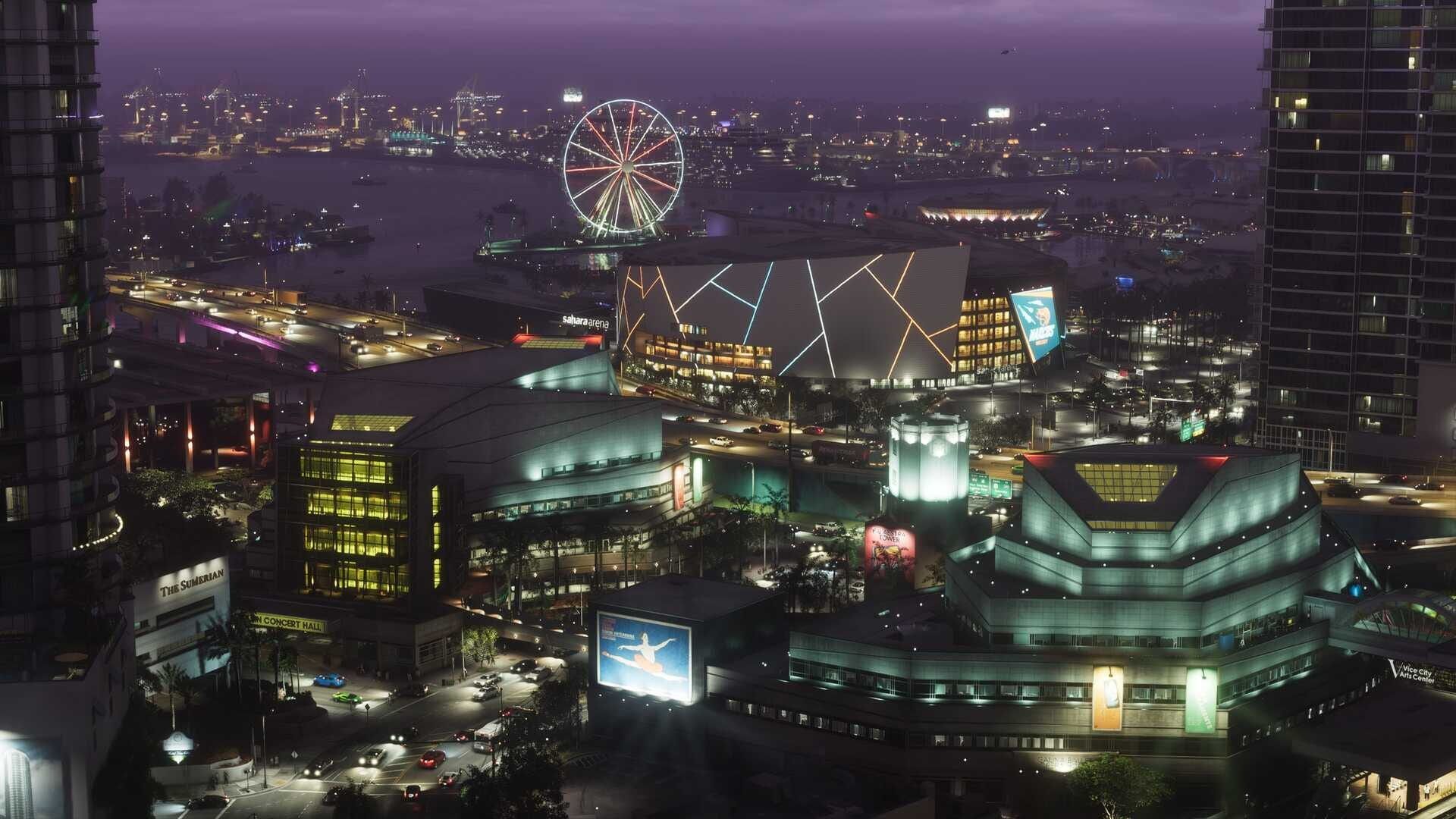 Vice City skyline at night with a Ferris wheel and waterfront buildings in GTA VI
