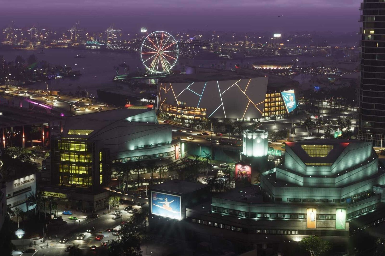 Vice City skyline at night with a Ferris wheel and waterfront buildings in GTA VI