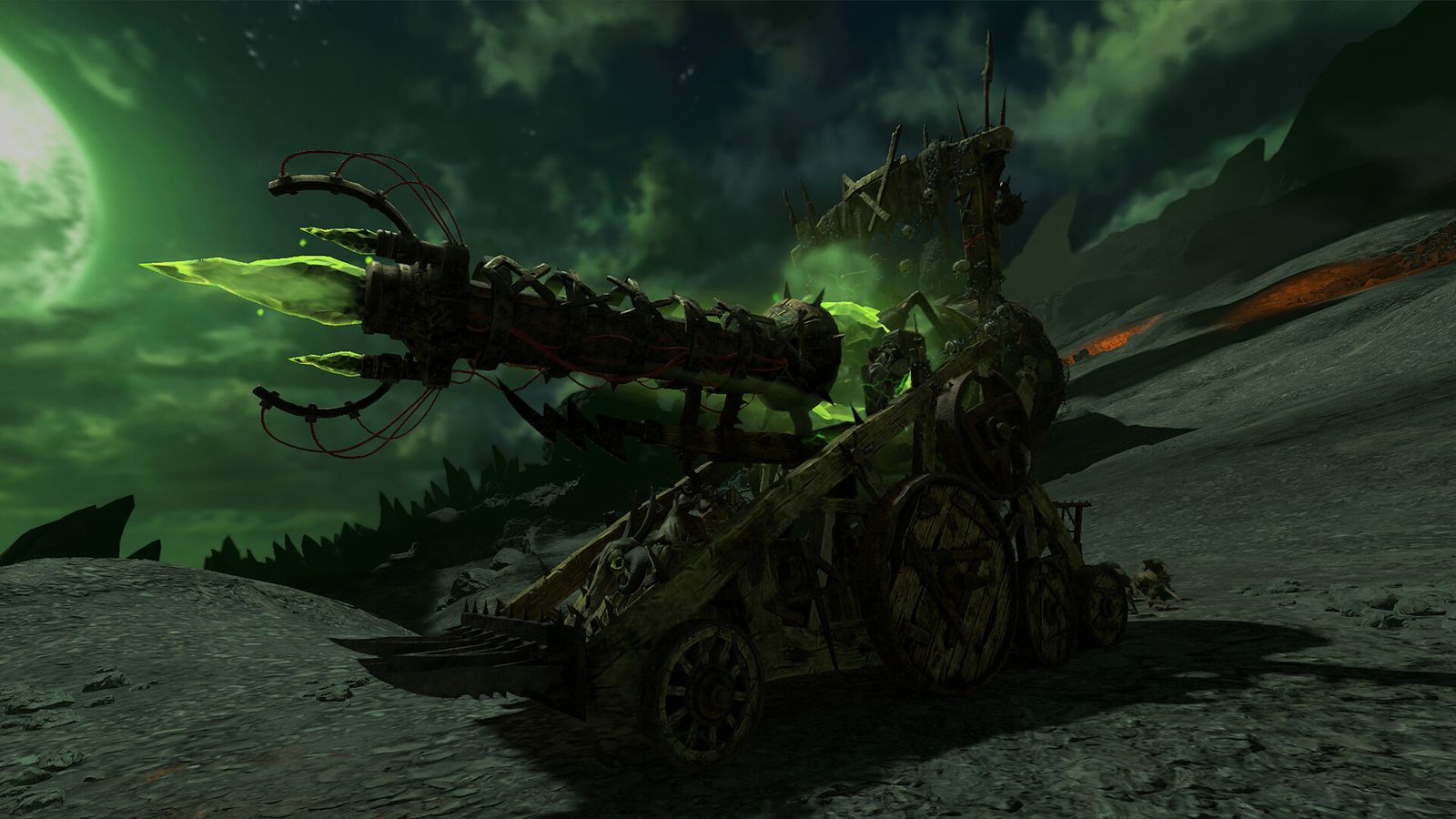 A spiked Skaven war machine glowing with green warpstone energy under a green moon