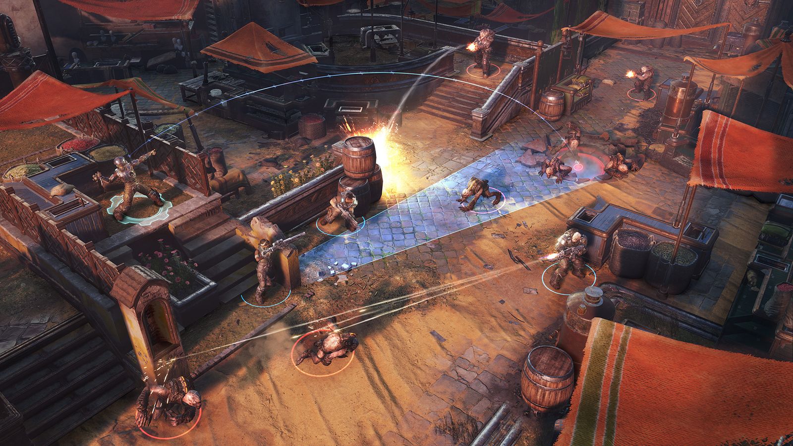 Top-down view of a turn-based battle in Gears Tactics, with soldiers firing across a market square