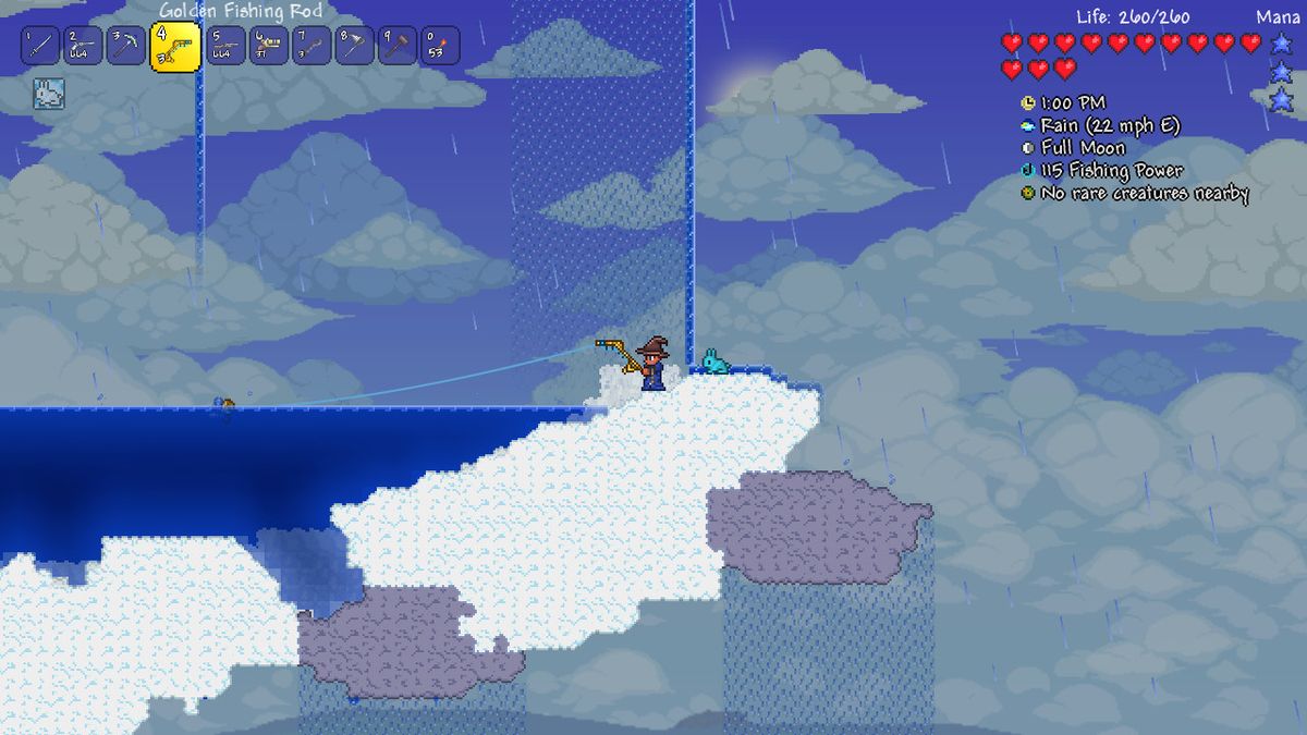 A Terraria character fishing from a small white cloud island high in a pale blue sky