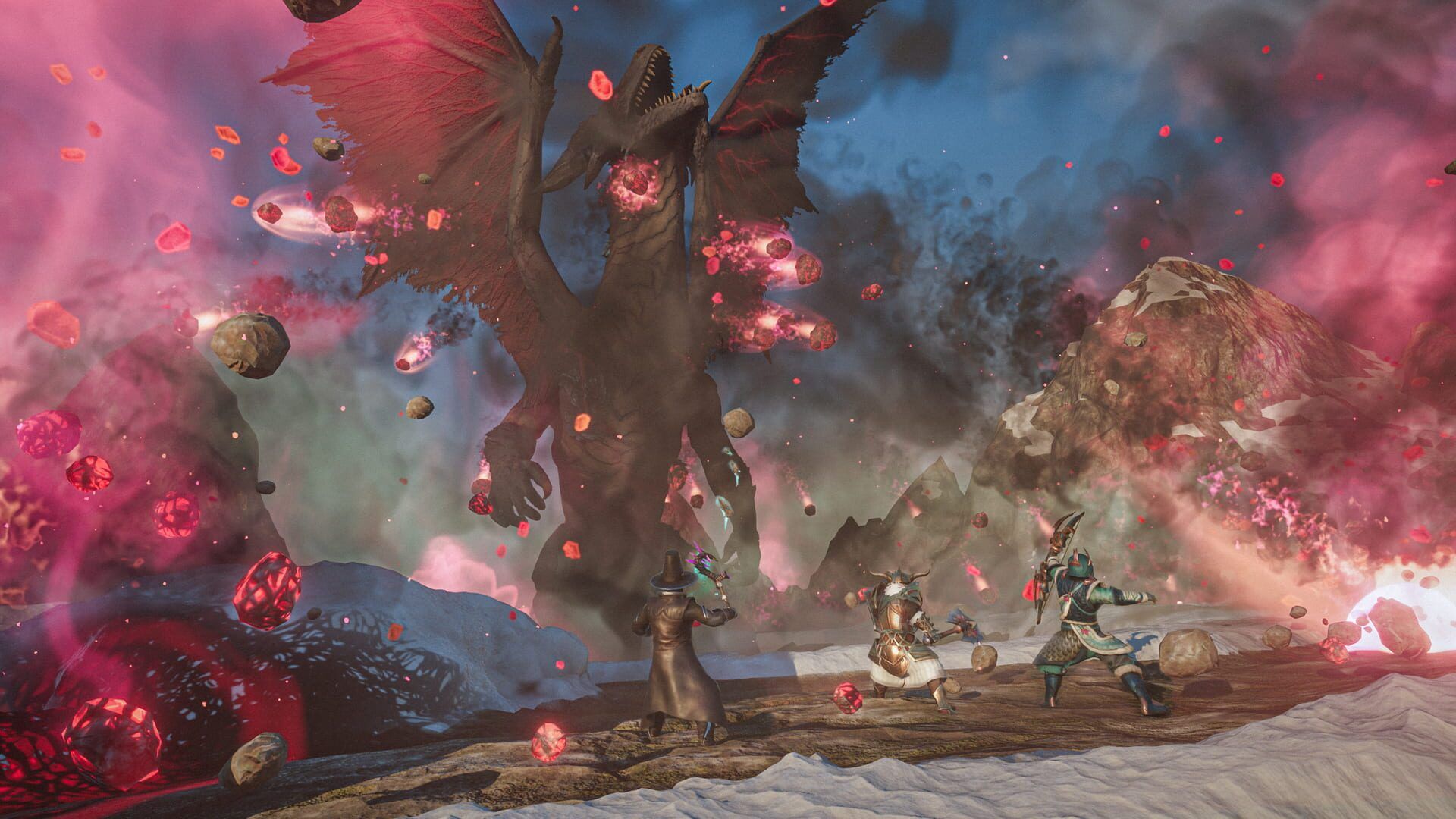 Three Enshrouded characters fight a huge winged boss surrounded by red Shroud particles and floating rocks