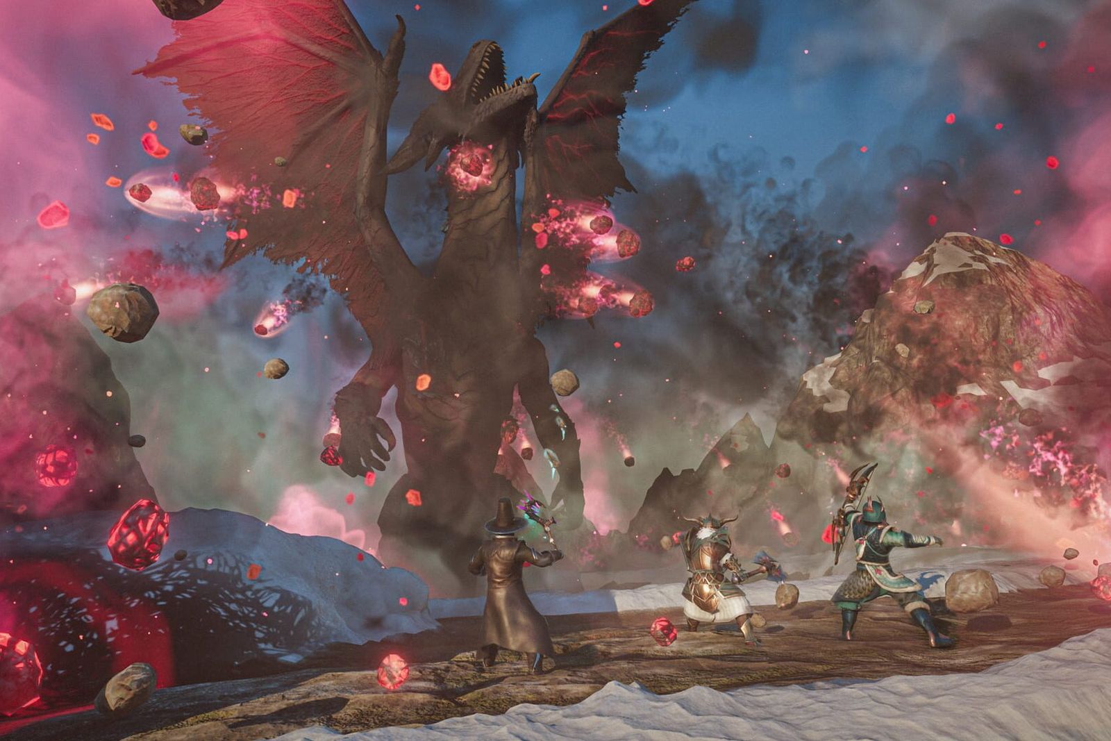 Three Enshrouded characters fight a huge winged boss surrounded by red Shroud particles and floating rocks