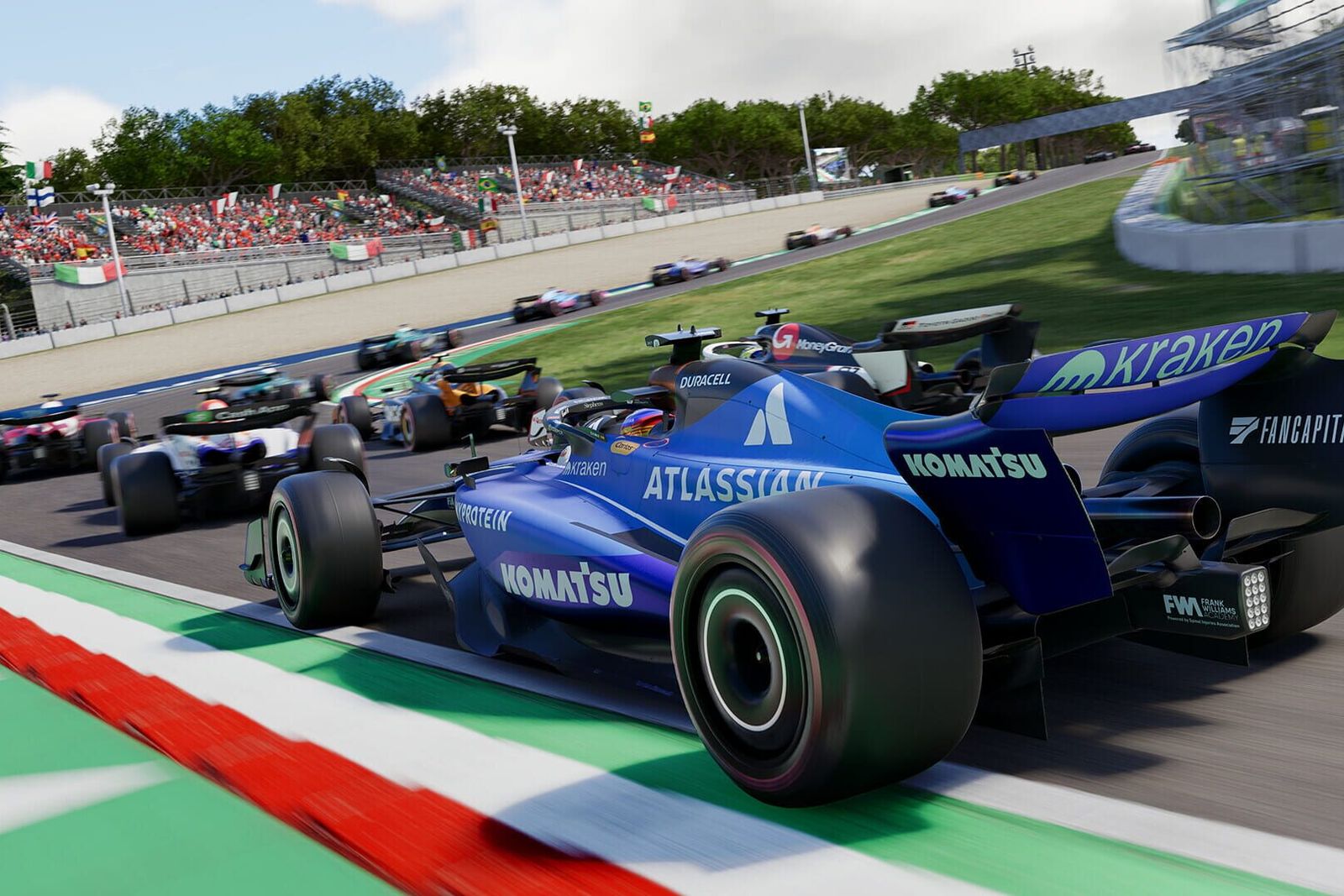 A blue Williams Formula 1 car leads a pack of cars through a corner in F1 25