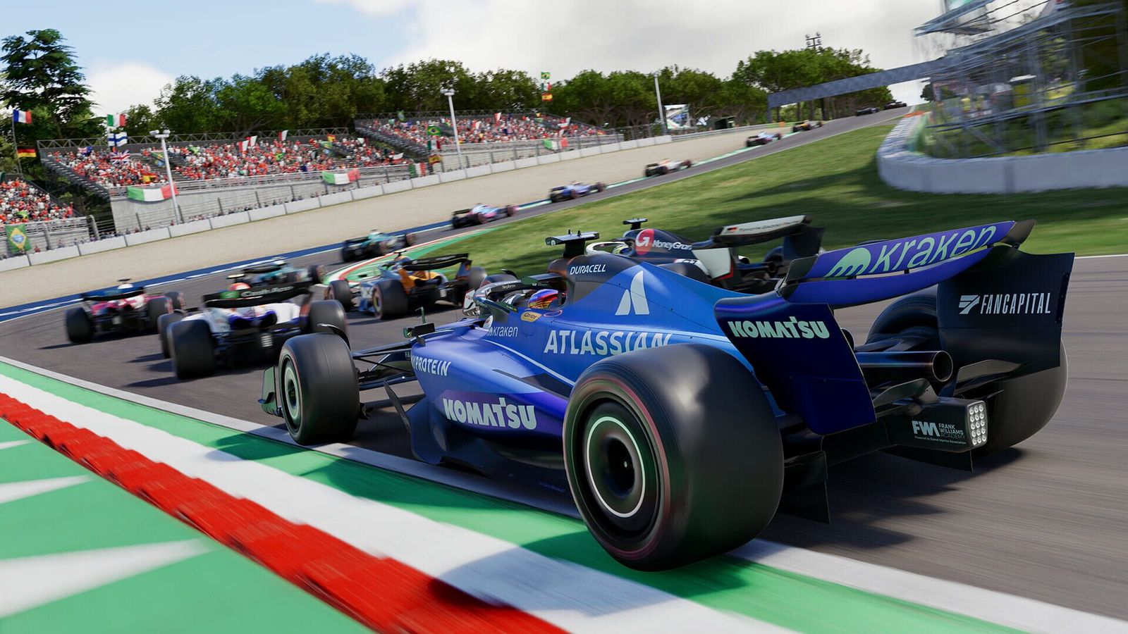 A blue Williams Formula 1 car leads a pack of cars through a corner in F1 25