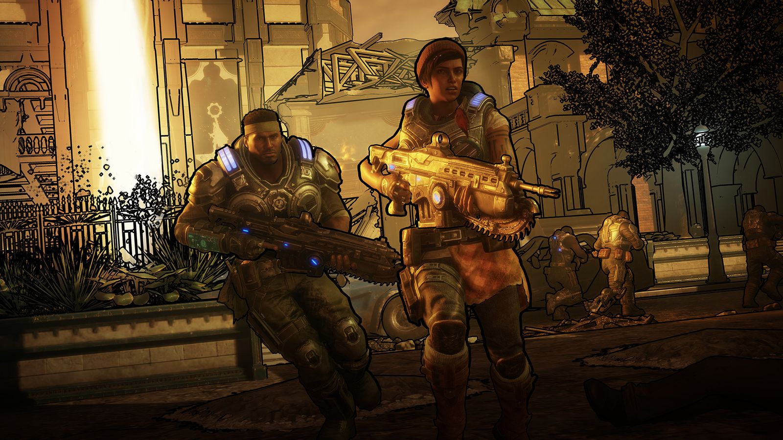 Two armoured soldiers, one carrying a gold-coloured rifle, walk down a sunlit street in Gears 5
