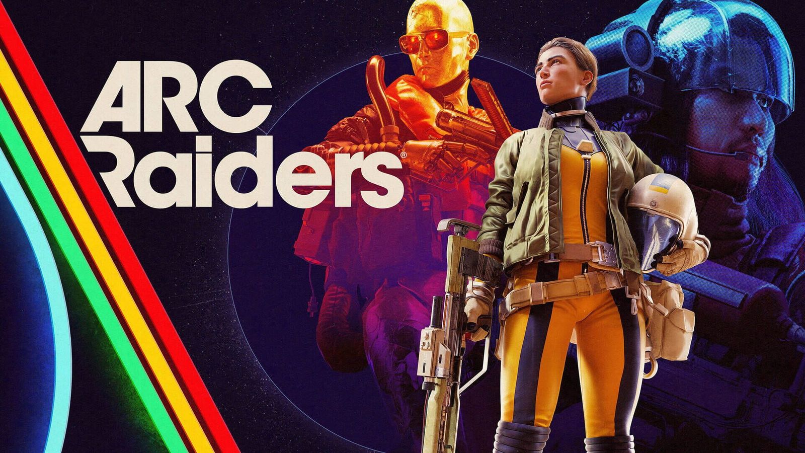 ARC Raiders key art showing three Raiders in front of a rainbow-striped background with the game's logo