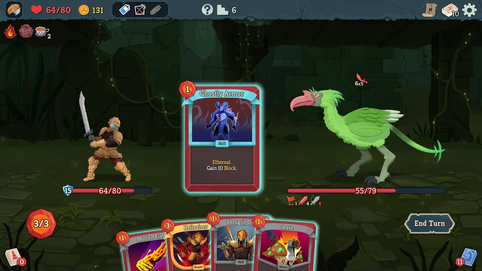 The Ironclad with a sword faces a green bird-like enemy while a hand of cards is shown at the bottom of the screen