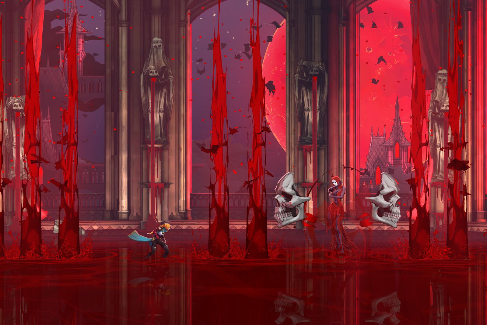 A small figure crosses a blood-red cathedral hall lined with crimson spikes, giant skulls and tall stained-glass windows
