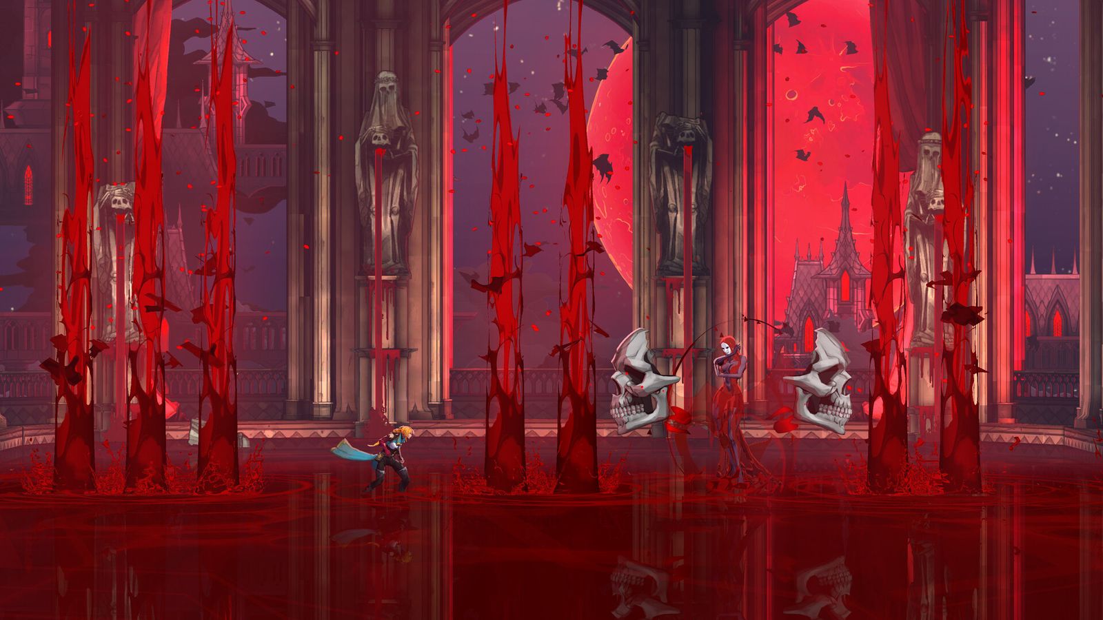 A small figure crosses a blood-red cathedral hall lined with crimson spikes, giant skulls and tall stained-glass windows