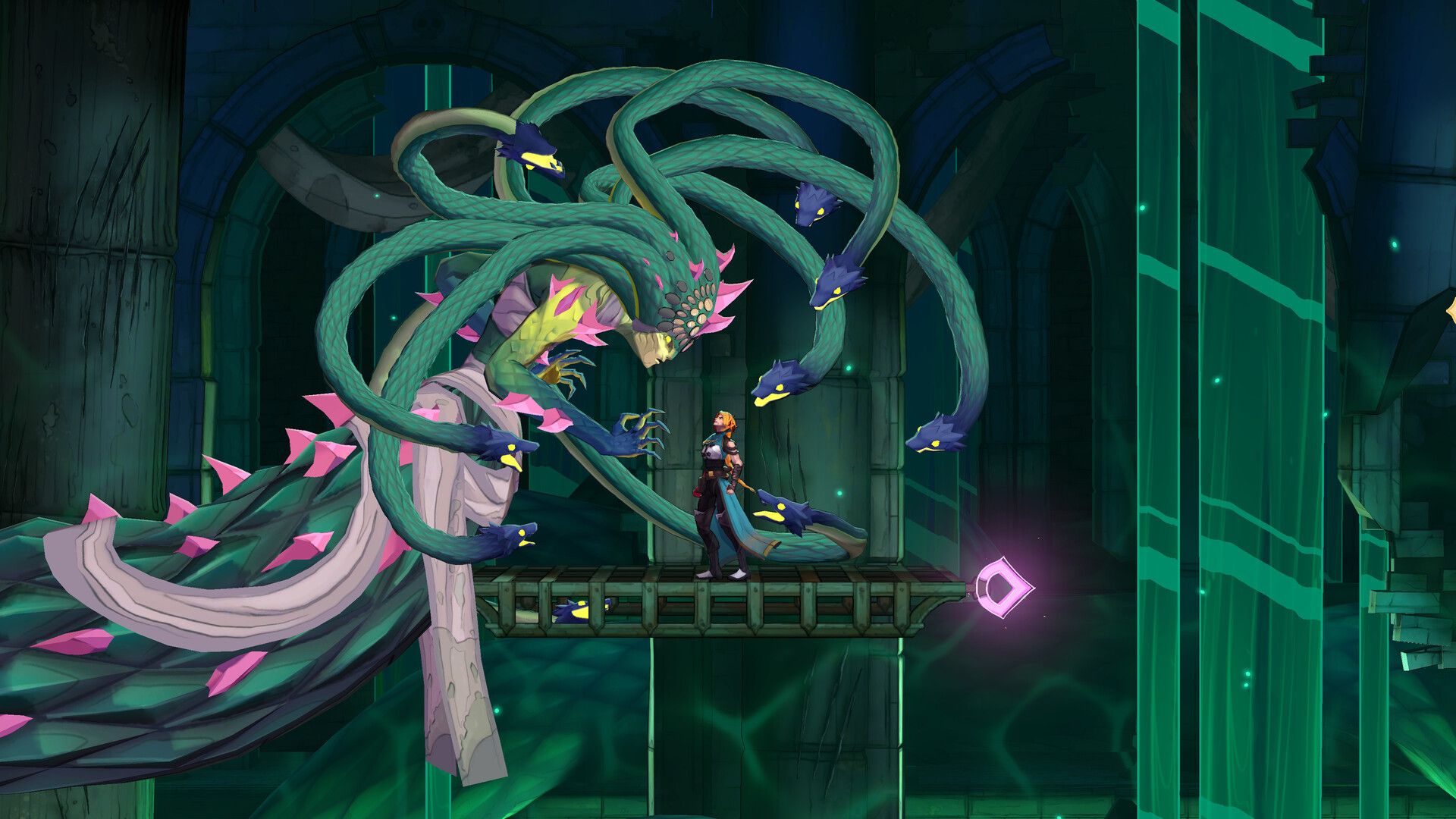 Rose Belmont on a green-lit stone walkway facing Medusa, a giant pale figure with a mass of green serpent heads
