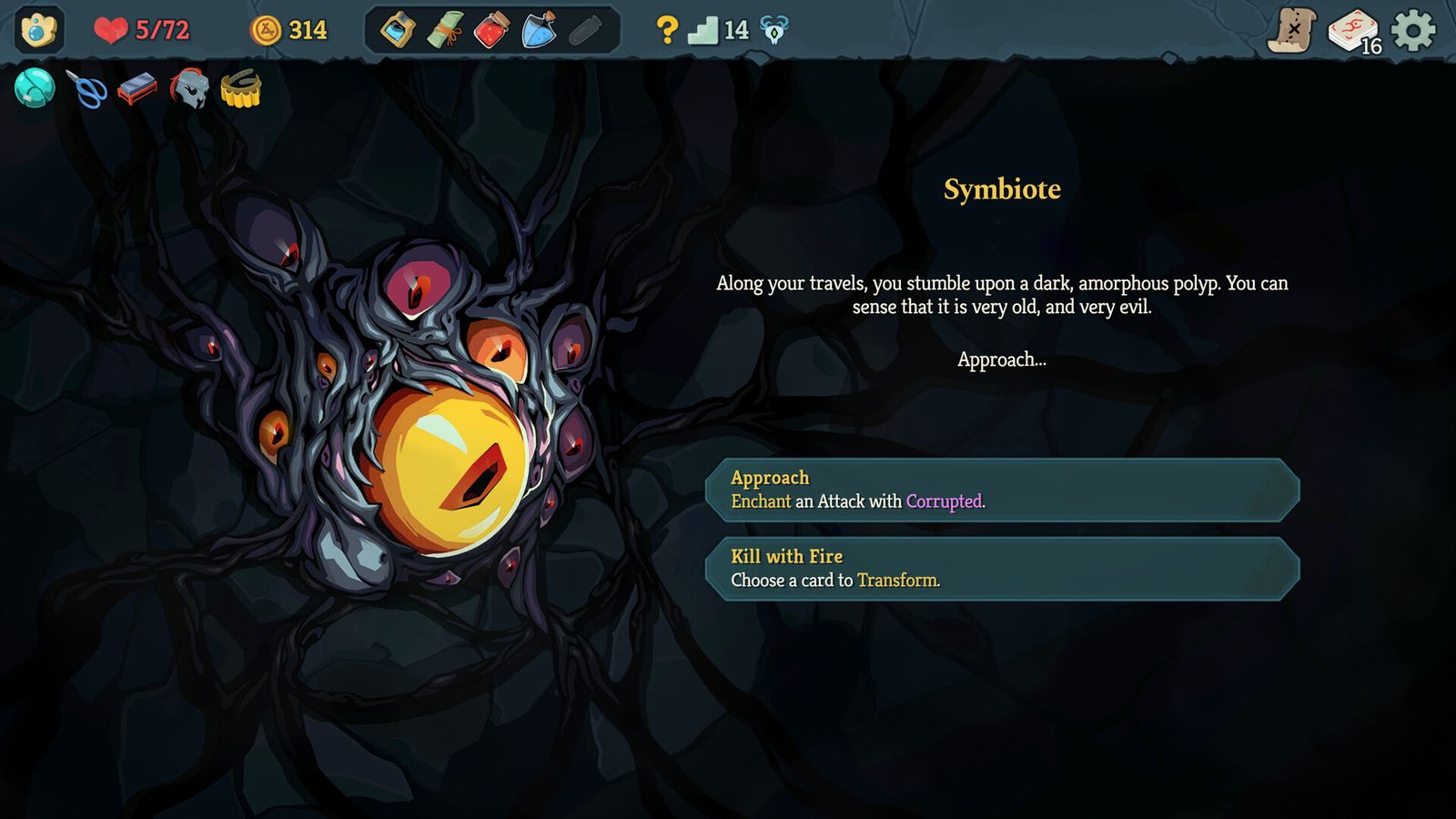 The Symbiote event screen: a dark polyp covered in red eyes, with options to Approach or Kill with Fire