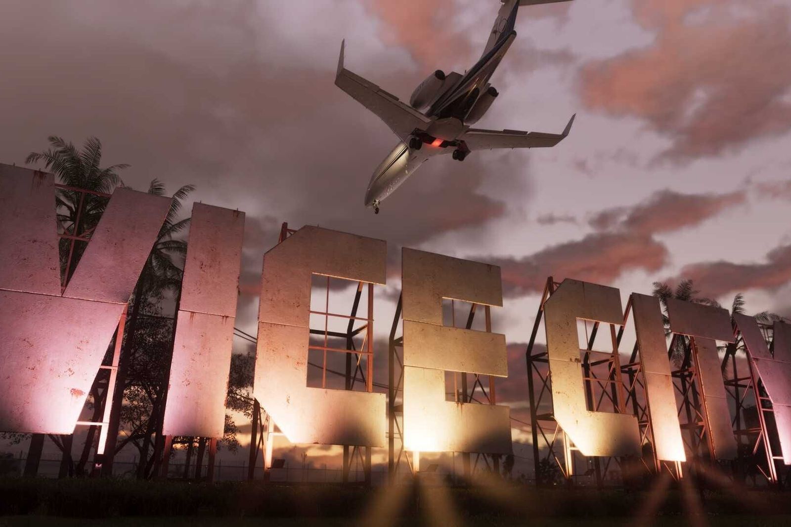 A plane flies low over a giant Vice City sign surrounded by palm trees at sunset in Grand Theft Auto VI