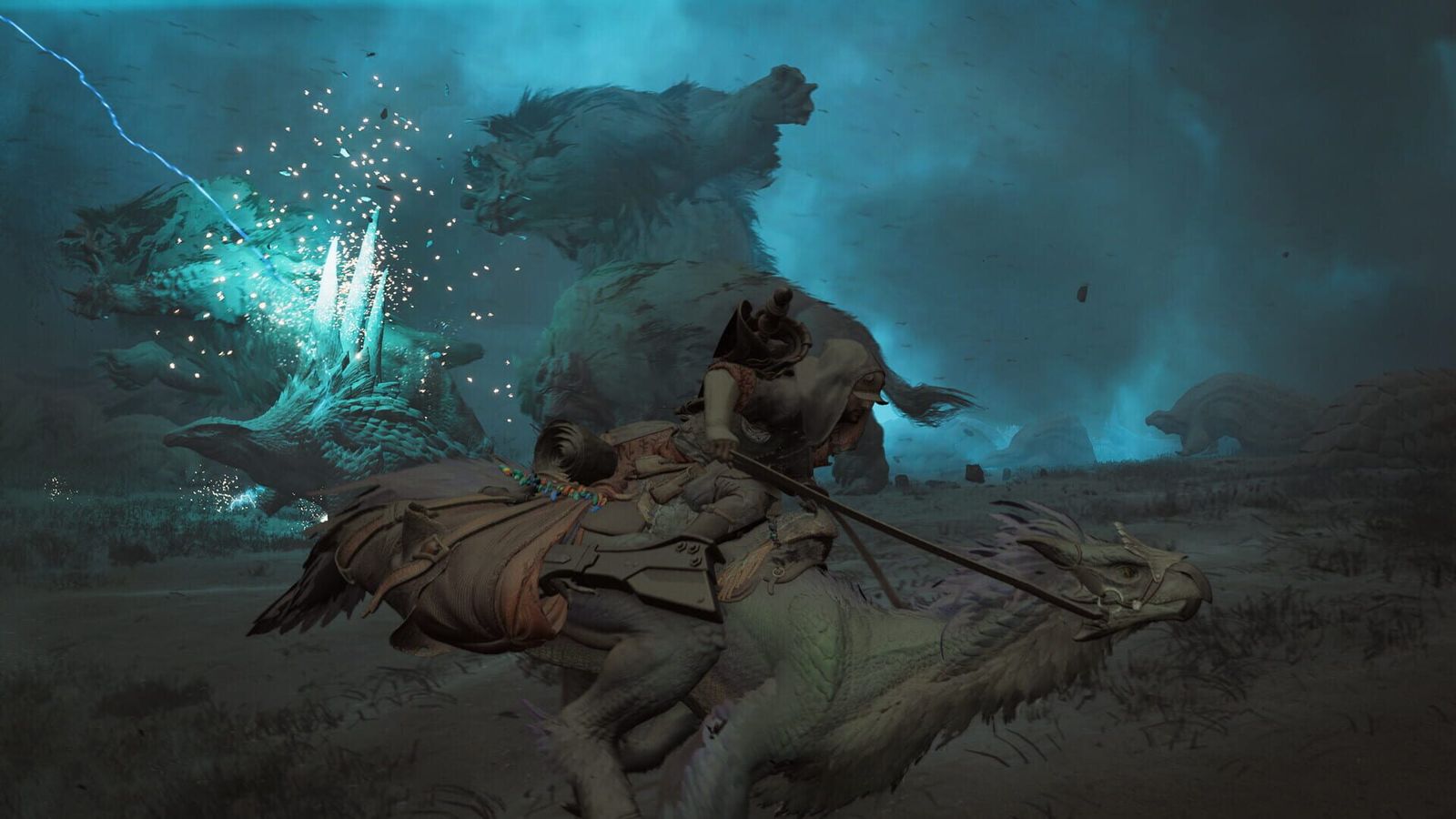 A hunter on a Seikret fleeing a monster wreathed in blue lightning at night