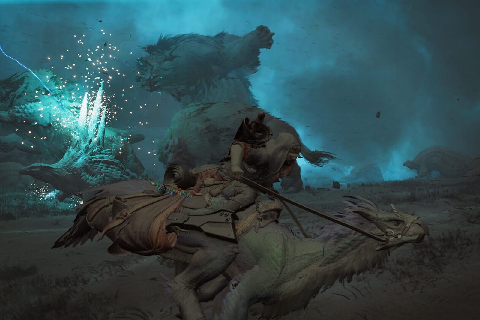 A hunter on a Seikret fleeing a monster wreathed in blue lightning at night